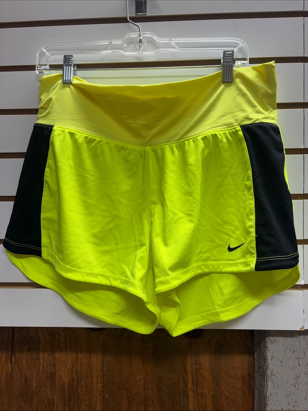 Nike Women's Neon Yellow Athletic Shorts with Black Side Panels